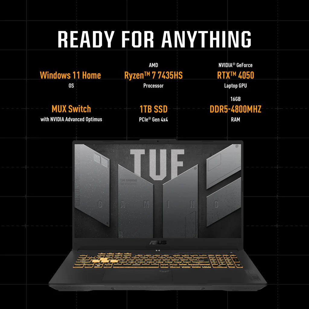 Laptop with TUF branding on a black background with technical specifications. Laptop with TUF branding on a black background with technical specifications.